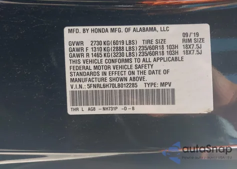 2020 Honda Odyssey Ex-L/Ex-L W/Navi Res from USA, damaged, VIN 5FNRL6H70LB012285